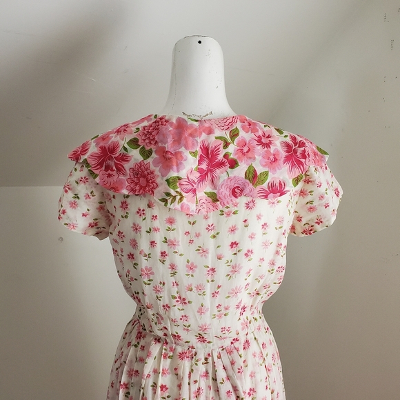 50s Vintage Nelly Don Pink & White Floral Tea Dress With Flat Collar - Picture 12 of 16